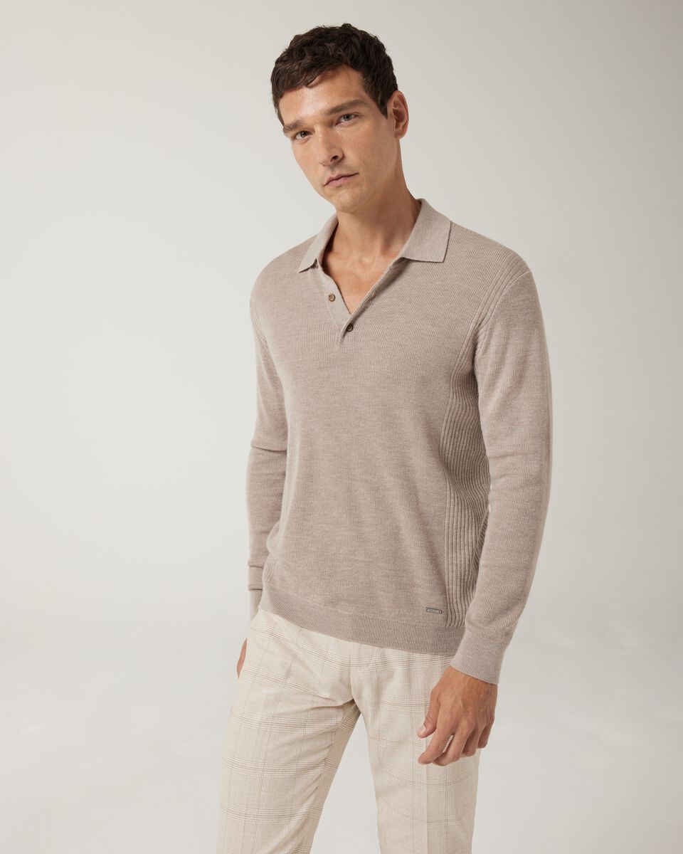 Long sleeve knitted polo, Almond, hi-res